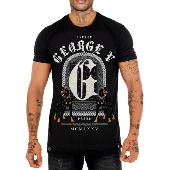 George V Black Designer Men’s Rhinestone Tee Shirt